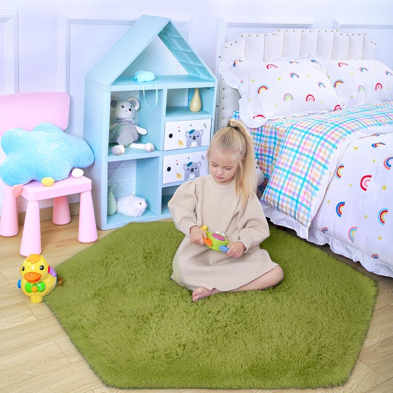 junovo Ultra Soft Rug for Nursery Children Room Baby Room Home Decor Dormitory Hexagon Carpet for Playhouse Princess Tent Kids Play Castle, Diameter 4.6 ft, Green - Image 4