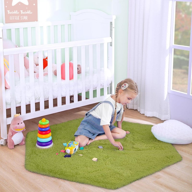 junovo Ultra Soft Rug for Nursery Children Room Baby Room Home Decor Dormitory Hexagon Carpet for Playhouse Princess Tent Kids Play Castle, Diameter 4.6 ft, Green - Image 1