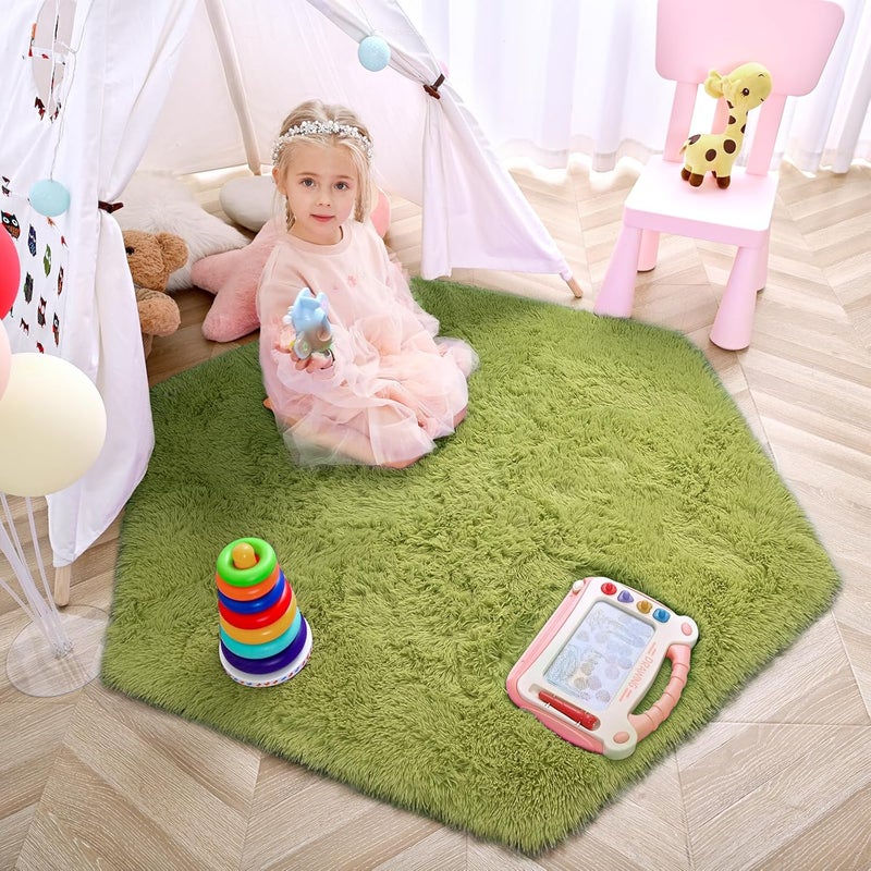 junovo Ultra Soft Rug for Nursery Children Room Baby Room Home Decor Dormitory Hexagon Carpet for Playhouse Princess Tent Kids Play Castle, Diameter 4.6 ft, Green - Image 5