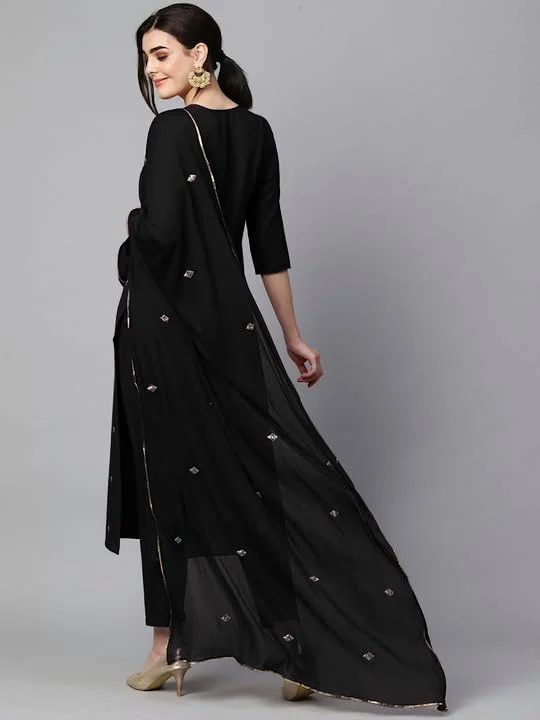 GoSriKi Women's Cotton Blend Embroidered Straight Kurta with Pant & Dupatta Black