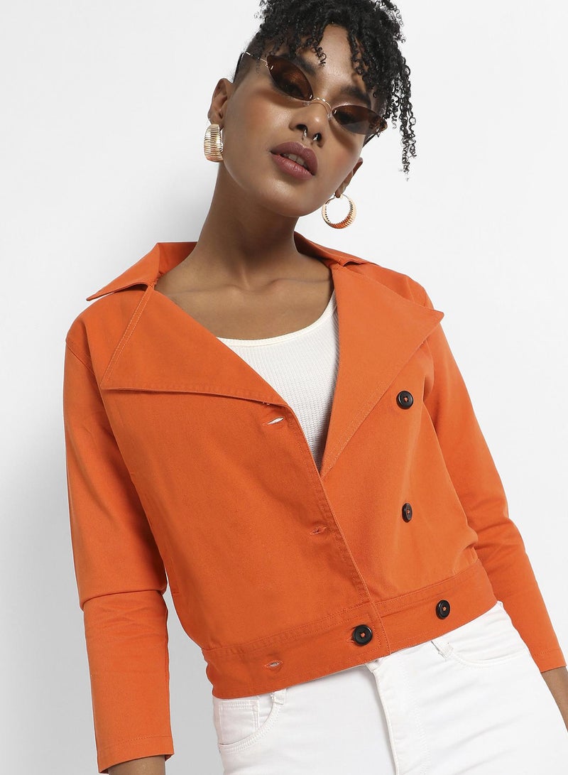Campus Sutra Women's Orange Biker Jacket With Contrast Button  - Image 1
