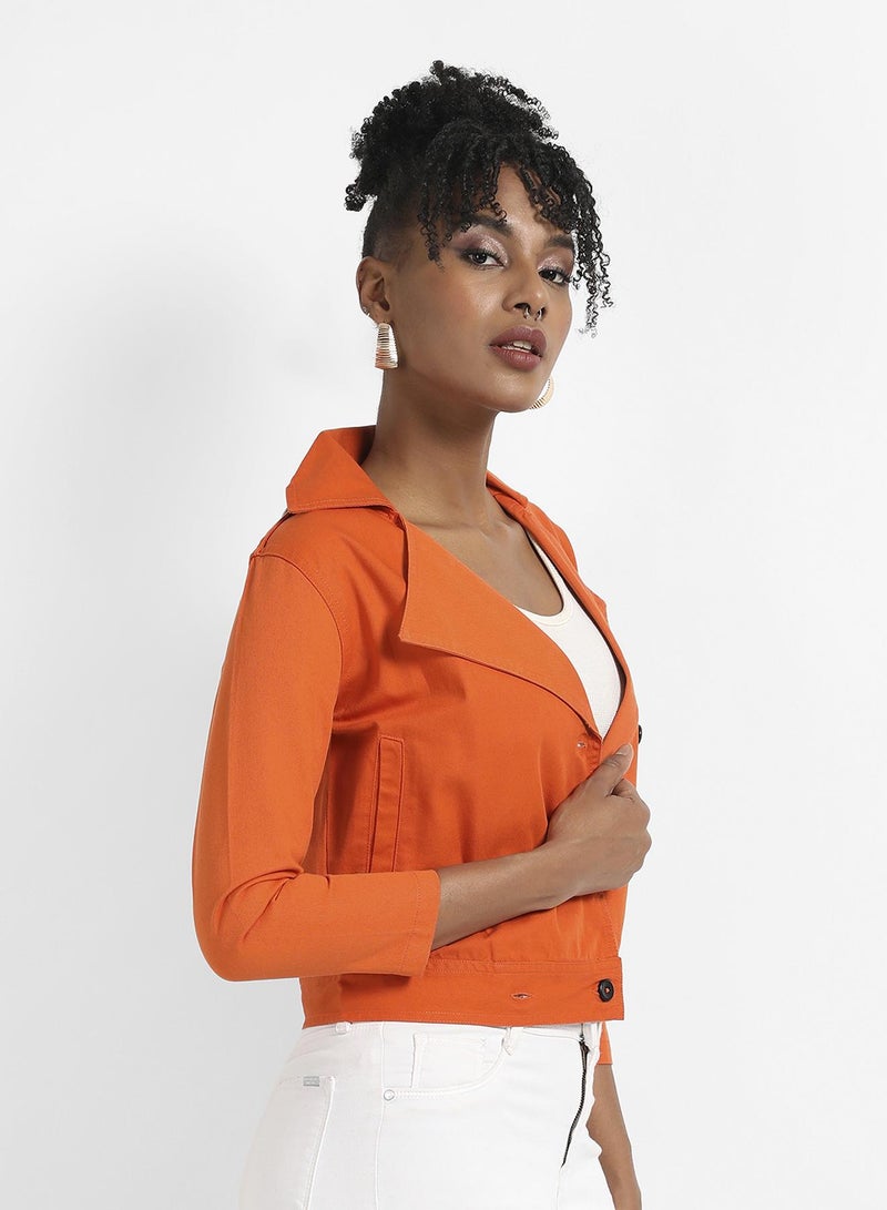 Campus Sutra Women's Orange Biker Jacket With Contrast Button  - Image 3