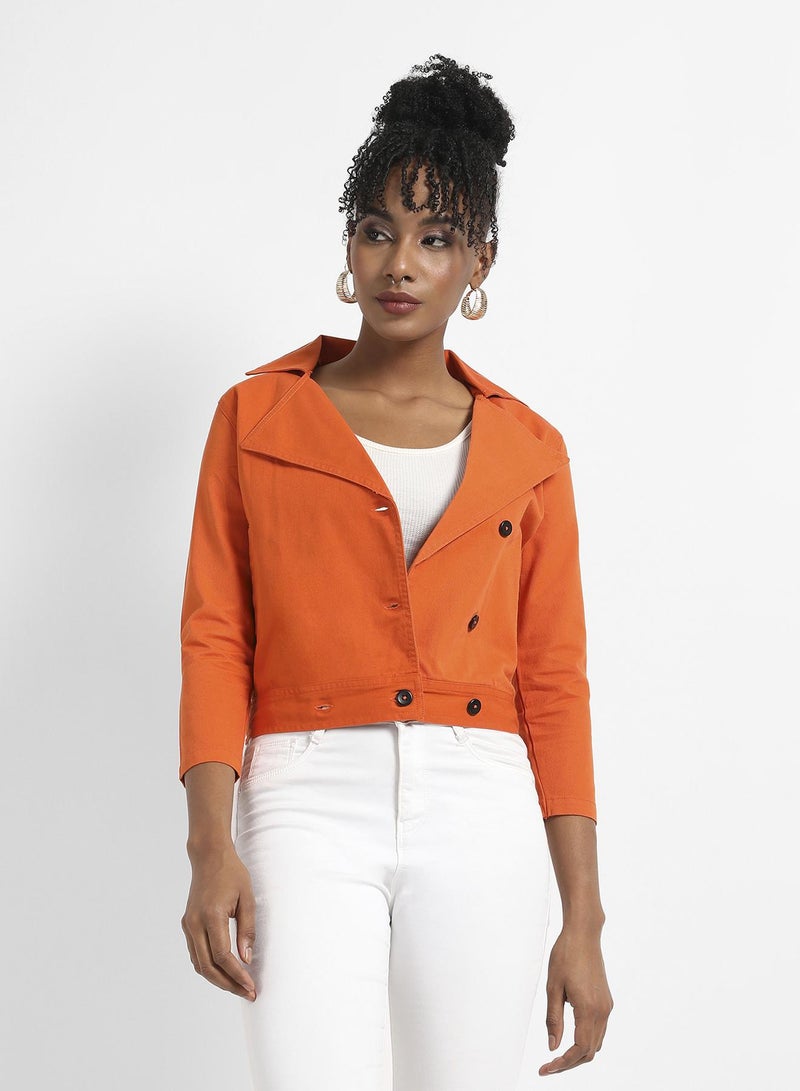 Campus Sutra Women's Orange Biker Jacket With Contrast Button  - Image 2