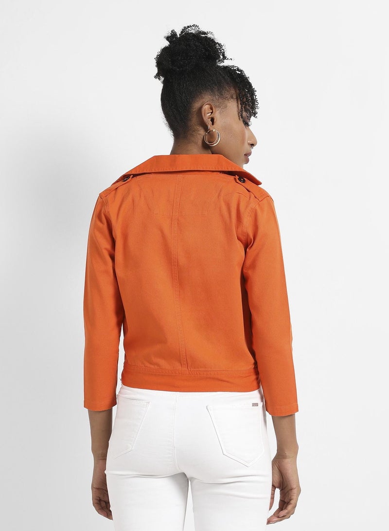 Campus Sutra Women's Orange Biker Jacket With Contrast Button  - Image 5