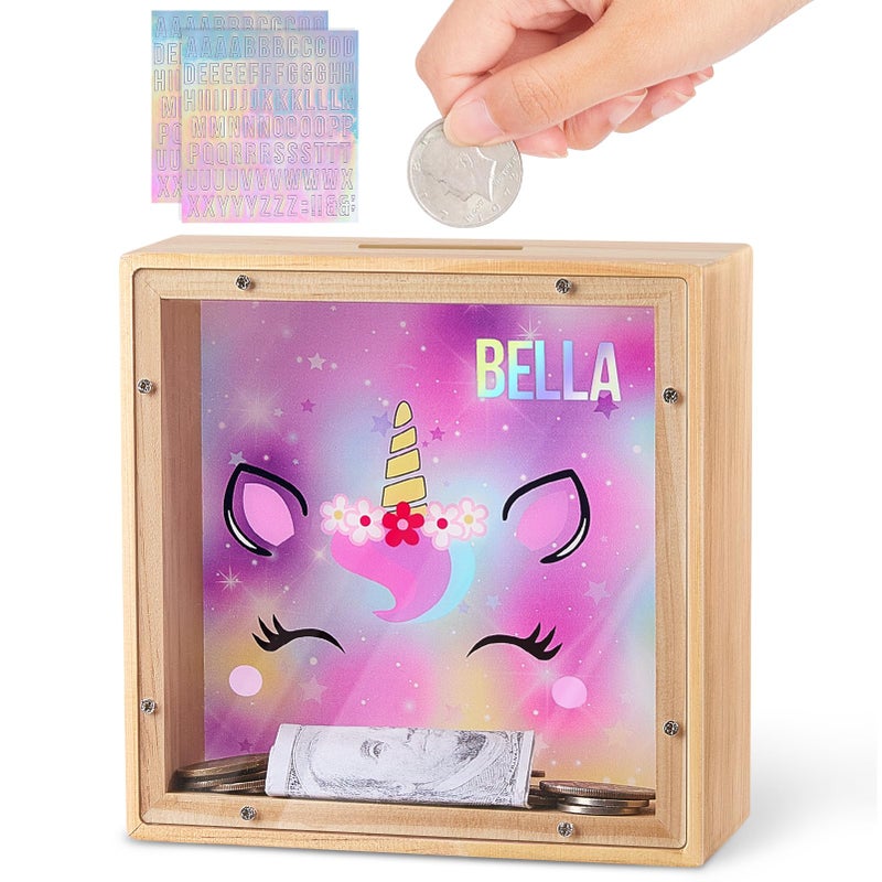 Piggy Bank for Kids Wooden Money Coin Bank for Boys and Girls Dinosaur Unicorn Piggy Banks with DIY Stickers for Birthday Easter GiftsColorful