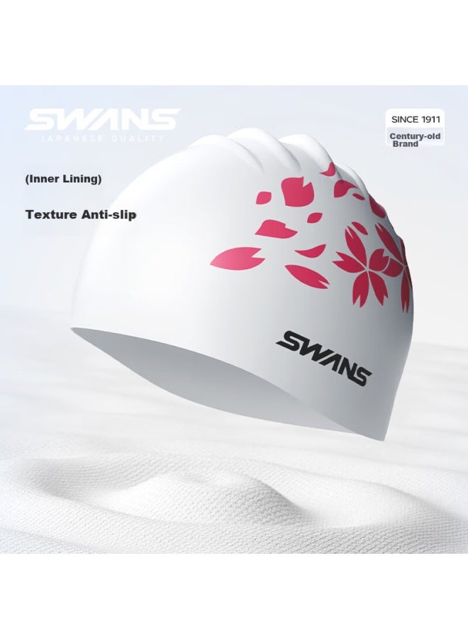 Speed Vision Suan Shiyi Printed Swim Cap, Waterproof, For Long Hair, Enlarged Ear Protection, Non-binding, Silicone, Children's Swim Cap, White Base With Cherry Blossom Pattern - Image 5
