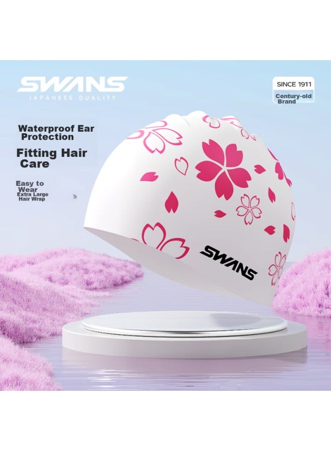 Speed Vision Suan Shiyi Printed Swim Cap, Waterproof, For Long Hair, Enlarged Ear Protection, Non-binding, Silicone, Children's Swim Cap, White Base With Cherry Blossom Pattern - Image 1