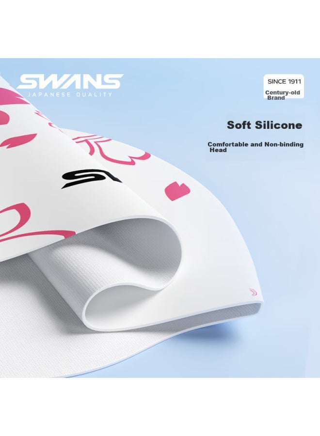 Speed Vision Suan Shiyi Printed Swim Cap, Waterproof, For Long Hair, Enlarged Ear Protection, Non-binding, Silicone, Children's Swim Cap, White Base With Cherry Blossom Pattern - Image 3