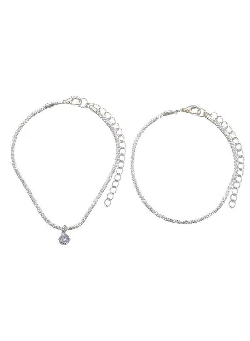 Huitich Elegant Silver Crystal Anklet 2-Piece Set – Sparkling Zircon Charm Anklets for Women  - Image 1