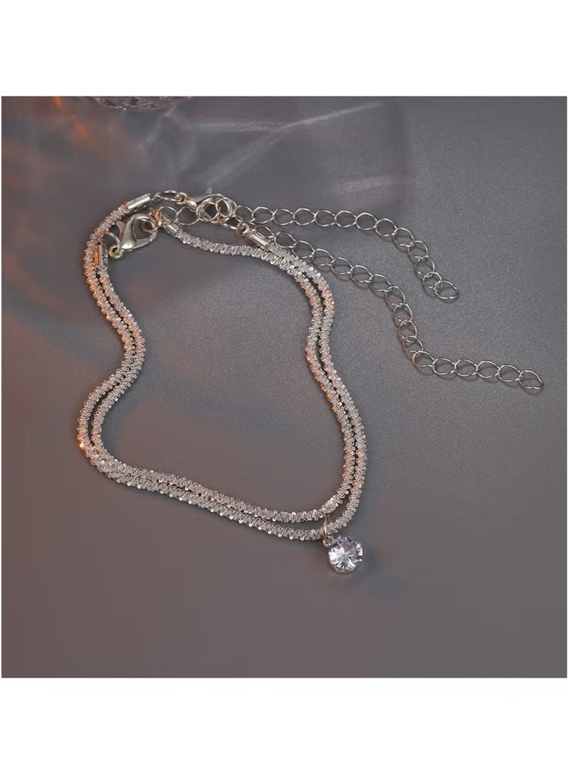 Huitich Elegant Silver Crystal Anklet 2-Piece Set – Sparkling Zircon Charm Anklets for Women  - Image 3
