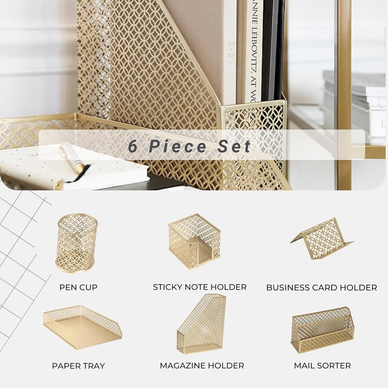 Blu Monaco 5 Piece Cute Gold Desk Organizer Set - Stylish Office Accessories - Image 2