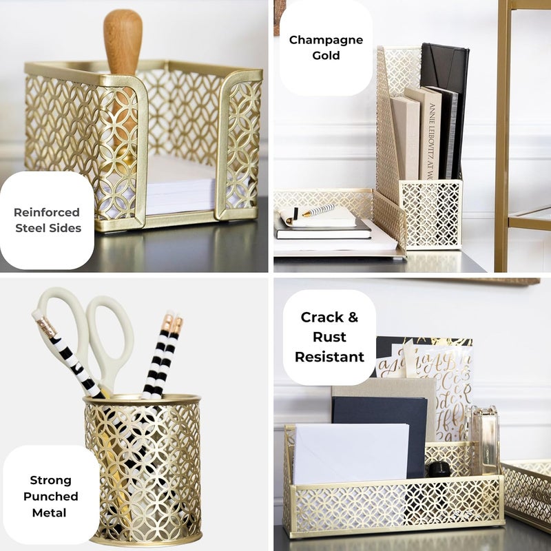 Blu Monaco 5 Piece Cute Gold Desk Organizer Set - Stylish Office Accessories - Image 5