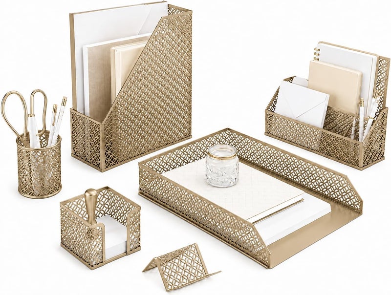 Blu Monaco 5 Piece Cute Gold Desk Organizer Set - Stylish Office Accessories - Image 1