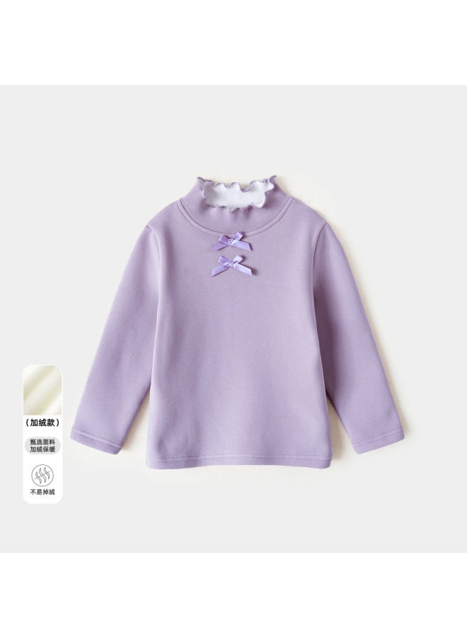 Autumn And Winter New Girls' Korean Style Bow Half-high Collar Warm Top All-match Children's Fleece-lined Base Shirt Trendy