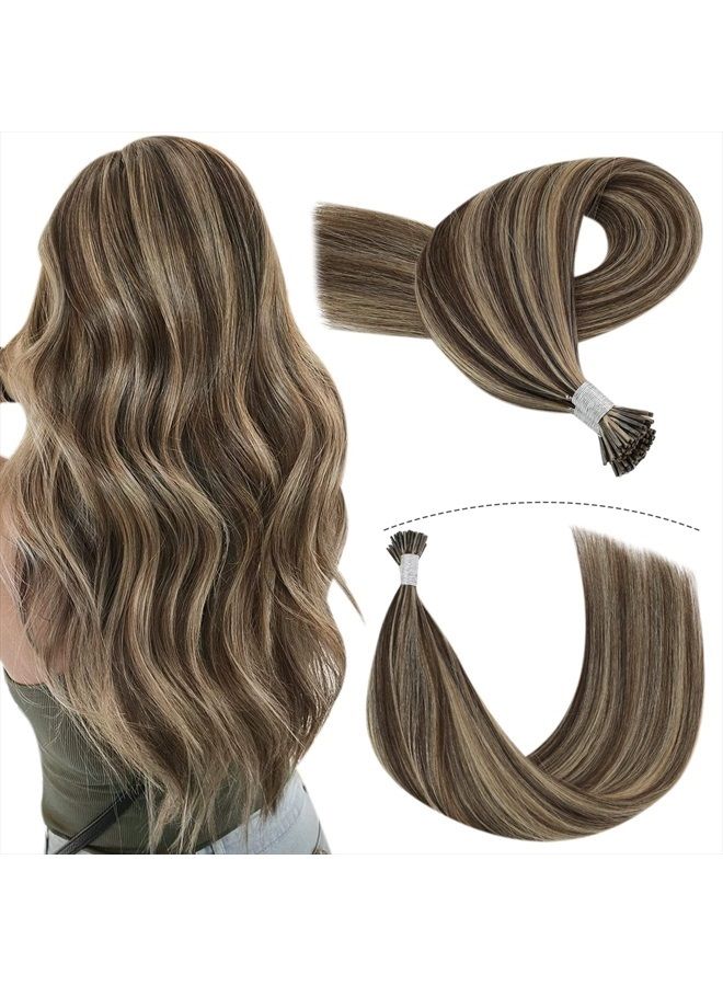 YoungSee Itip Human Hair Extensions Dark Brown Highlight with Blonde Itip Hair Extensions Human Hair Keratin Hair Extensions 16 Inch Cold Fusion I Tip Hair Extensions 100 strands 50g - Image 1