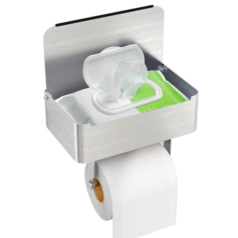 JUYSON Toilet Paper Holder with Shelf Brushed Nickel, Flushable Wipes Dispenser Fits for Bathroom Wipe Storage, Keep Your Wipes Hidden Out of Sight - SUS304 Stainless Steel Wall Mount Organizer - Image 1