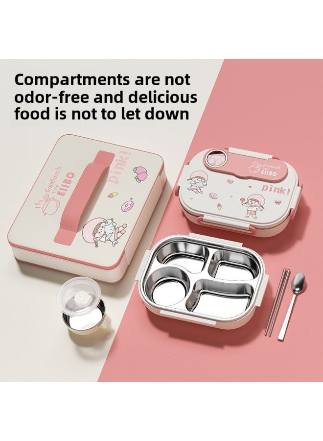 Cute Cartoon Children's Stainless Steel Compartment Lunch Box Student Handbag Office Worker Lunch Bag Insulation Box With Tableware-Specification:Pink Cartoon  - Image 4