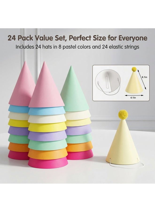QZV 24 Pack Birthday Party Hats,8 Colors Cone Party Hat for Kids Adults Pets, Pastel Paper Hats for Birthday, Baby Shower, Anniversary, Housewarming Party - Image 2