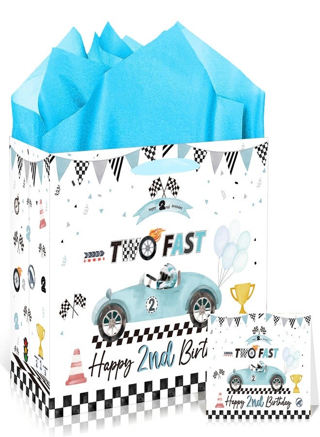 EoBeCy Two Fast Happy 2nd Birthday Gift Bags for Boys, Blue Racing Gift Bag with Handles, Tissue Paper and Greeting Card, Race Car Wrapping Paper for 2 Year Old Birthday Party Favor Supplies - Image 1