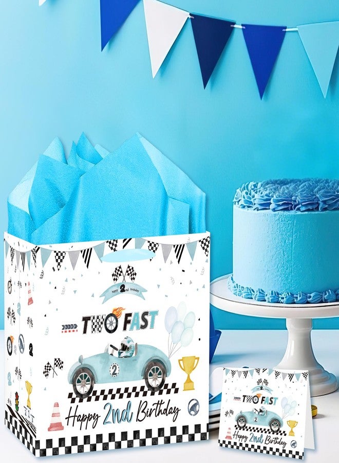 EoBeCy Two Fast Happy 2nd Birthday Gift Bags for Boys, Blue Racing Gift Bag with Handles, Tissue Paper and Greeting Card, Race Car Wrapping Paper for 2 Year Old Birthday Party Favor Supplies - Image 5