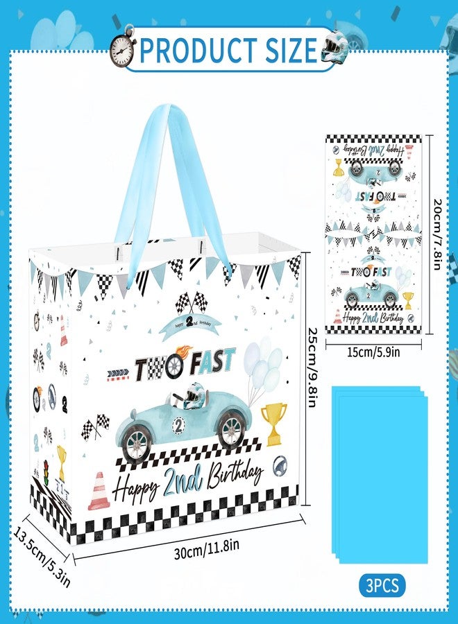 EoBeCy Two Fast Happy 2nd Birthday Gift Bags for Boys, Blue Racing Gift Bag with Handles, Tissue Paper and Greeting Card, Race Car Wrapping Paper for 2 Year Old Birthday Party Favor Supplies - Image 3