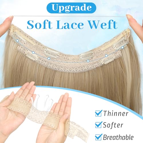 KooKaStyle Invisible Wire Hair Extensions Long Straight Layered Synthetic with Transparent Headband Adjustable Size 6 Secure Clips Hairpieces for Women20 Inch H1860ABeige Blonde - Image 3