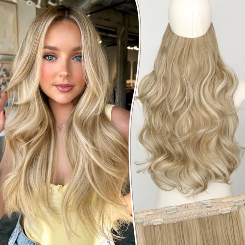 KooKaStyle Invisible Wire Hair Extensions Long Straight Layered Synthetic with Transparent Headband Adjustable Size 6 Secure Clips Hairpieces for Women20 Inch H1860ABeige Blonde - Image 1