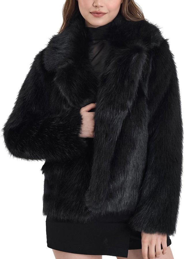 Yimoon Womens Faux Fur Coat Fluffy Jacket Long Sleeve Lapel Furry Warm Winter Shaggy Parka Short Coat with Pockets, Black, M - Image 1