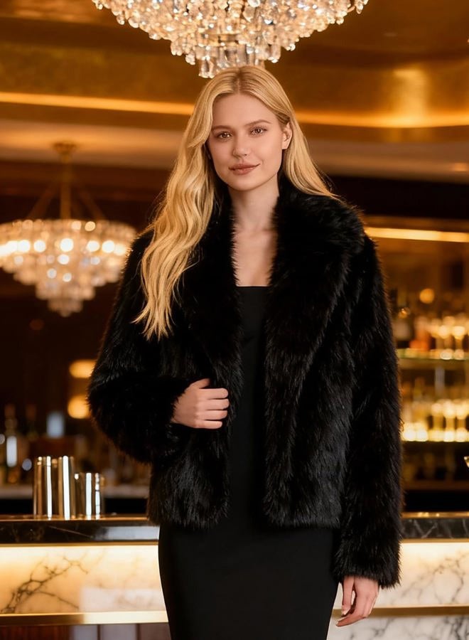 Yimoon Womens Faux Fur Coat Fluffy Jacket Long Sleeve Lapel Furry Warm Winter Shaggy Parka Short Coat with Pockets, Black, M - Image 4