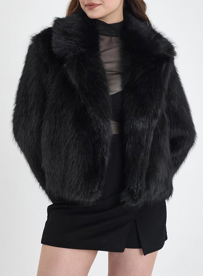 Yimoon Womens Faux Fur Coat Fluffy Jacket Long Sleeve Lapel Furry Warm Winter Shaggy Parka Short Coat with Pockets, Black, M - Image 2