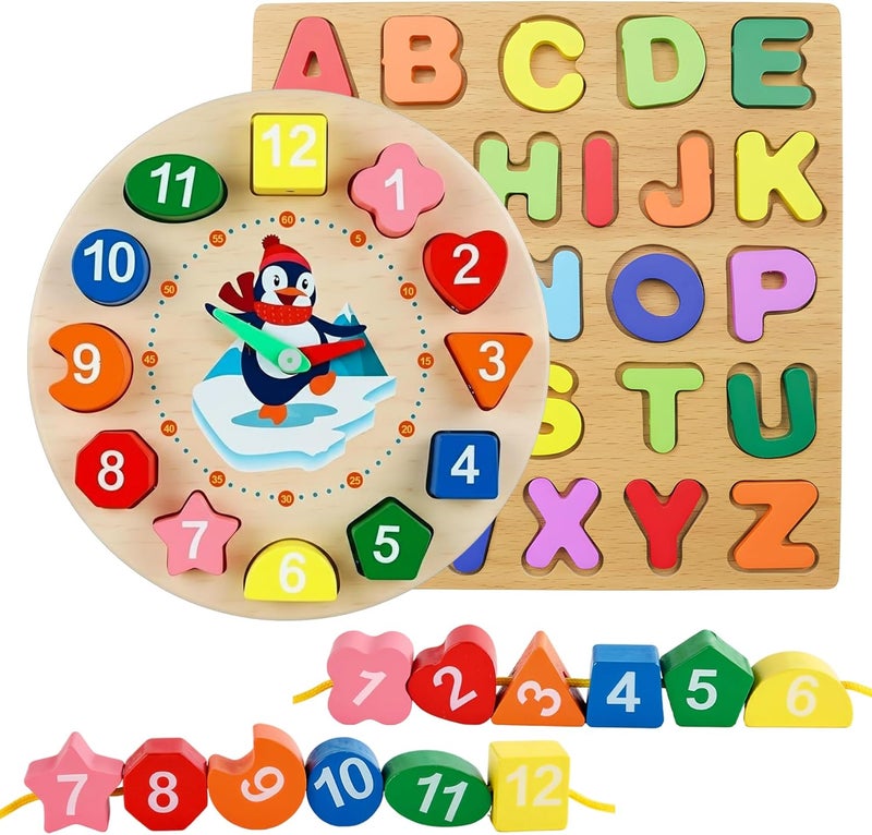 Neobloom Small Wooden Clock & Alphabet Puzzle Set – Montessori Learning Toy for Kids Age 3–5 Teach Time, ABC, Shapes & Fine Motor Skills Safe Non-Toxic Wooden Educational Toy for Toddlers Small Size - Image 1