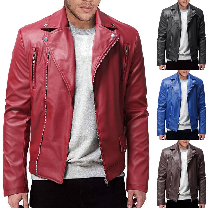 Men's Slim Fit PU Leather Biker Jacket with Lapel Collar - Image 5