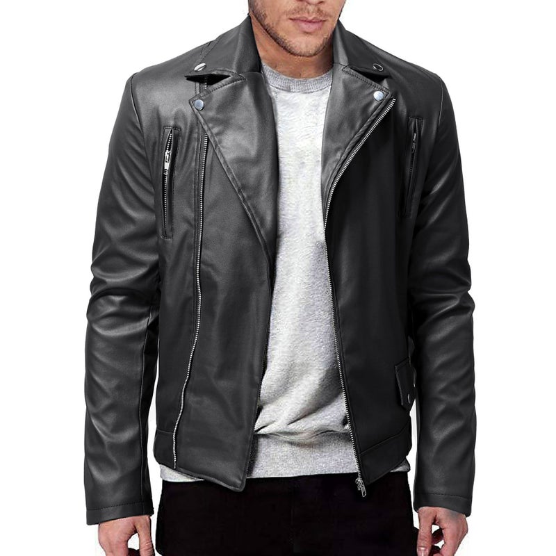 Men's Slim Fit PU Leather Biker Jacket with Lapel Collar - Image 4