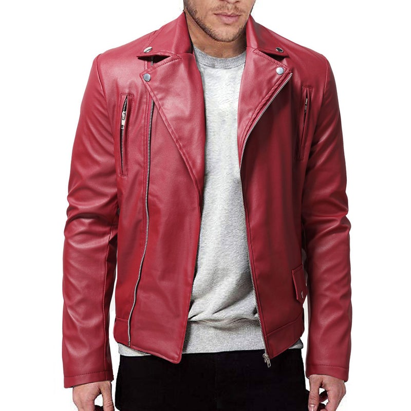 Men's Slim Fit PU Leather Biker Jacket with Lapel Collar - Image 3