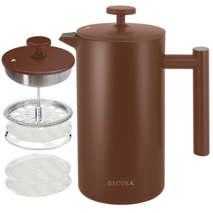 FRENCH PRESS COFFEE MAKER 304 GRADE STAINLESS STEEL INSULATED COFFEE PRESS WITH 2 EXTRA SCREENS 34OZ 1 LITRE COFFEE