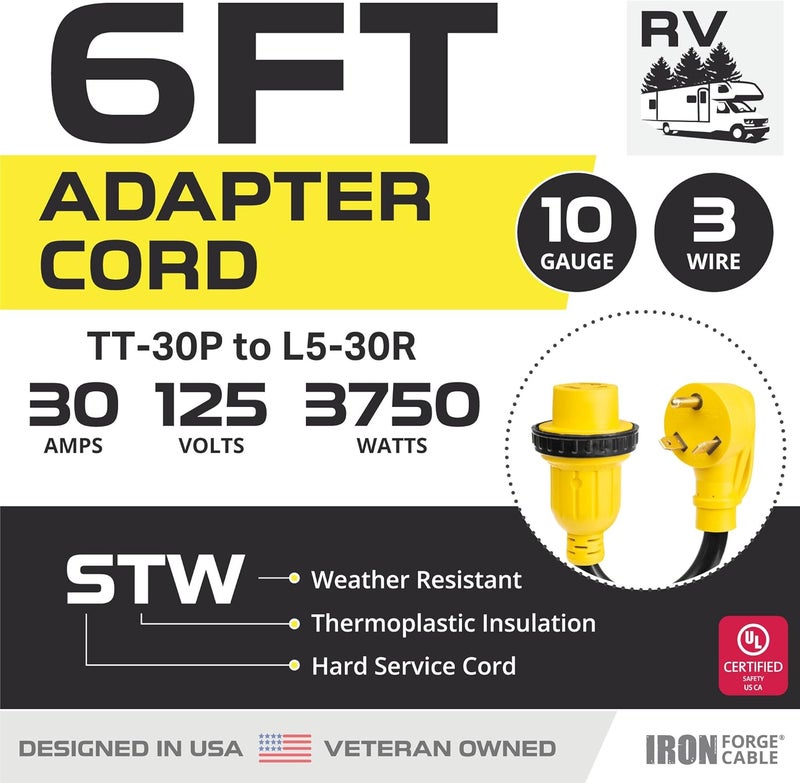 IRON FORGE CABLE 30 Amp RV Extension Cord 6 Ft - 10/3 STW TT-30P to NEMA L5-30R 125v Heavy Duty RV Power Cord for Outdoor Use, UL Certified - Image 2