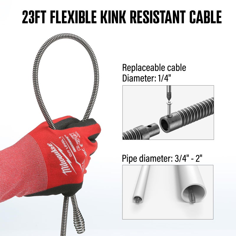 POPULO 120V Auto Feed Drain Auger,23 FT Drain Snake Suitable For 3/4"-2" Pipes For Unclogging Sinks,Shower Floor Drain and Outdoor Drain Pipe.Plumbers Snake Cleaner Include Glove,Cloth Bag - Image 4