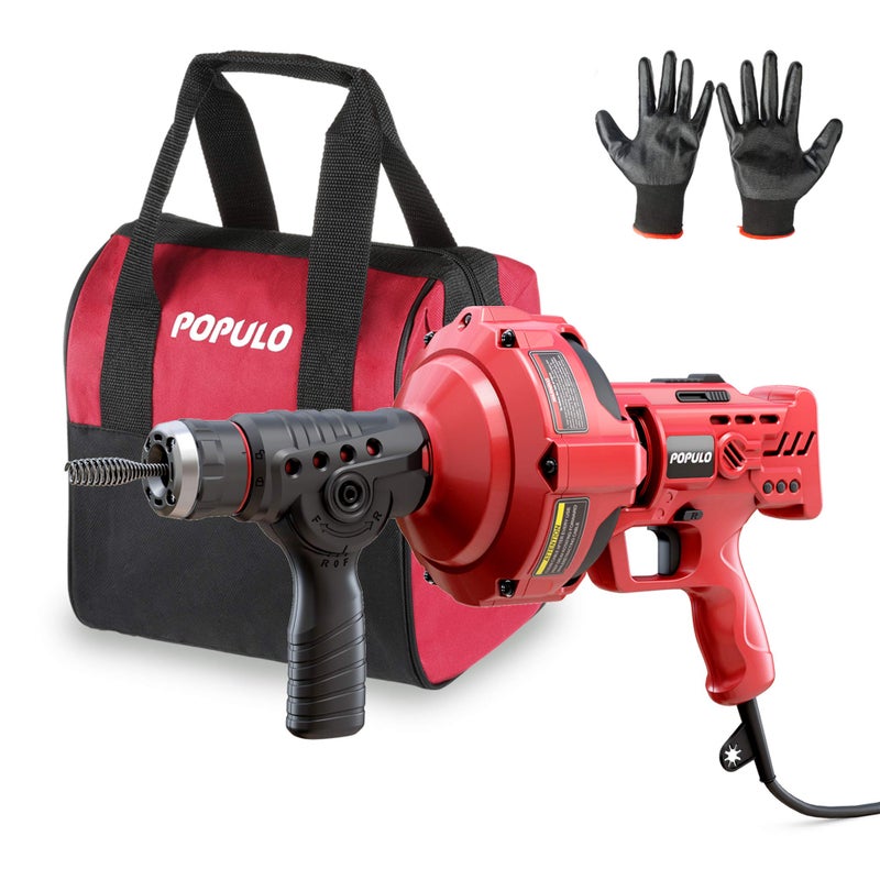 POPULO 120V Auto Feed Drain Auger,23 FT Drain Snake Suitable For 3/4"-2" Pipes For Unclogging Sinks,Shower Floor Drain and Outdoor Drain Pipe.Plumbers Snake Cleaner Include Glove,Cloth Bag - Image 1