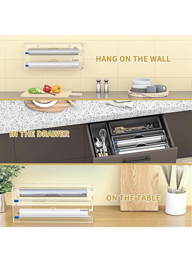 يُسلِّم موزع غلاف بلاستيكي مع قاطع وملصقات، موزع غلاف بلاستيكي ورقائق معدنية، موزع رقائق ألومنيوم فاخر للتخزين من الأكريليك متوافق مع درج المطبخ - Image 5