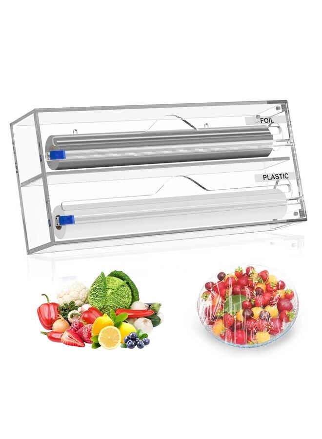 يُسلِّم موزع غلاف بلاستيكي مع قاطع وملصقات، موزع غلاف بلاستيكي ورقائق معدنية، موزع رقائق ألومنيوم فاخر للتخزين من الأكريليك متوافق مع درج المطبخ - Image 1