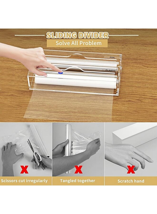 يُسلِّم موزع غلاف بلاستيكي مع قاطع وملصقات، موزع غلاف بلاستيكي ورقائق معدنية، موزع رقائق ألومنيوم فاخر للتخزين من الأكريليك متوافق مع درج المطبخ - Image 3