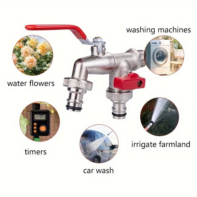PETO 1-Piece Double-Outlet Garden Hose Faucet - Rustic Style, 304 Stainless Steel, Single-Hole Installation, Universal Thread, Metal Outdoor Faucet with Multiple Components Compatible with Sprinklers and Hose Guns - Image 3