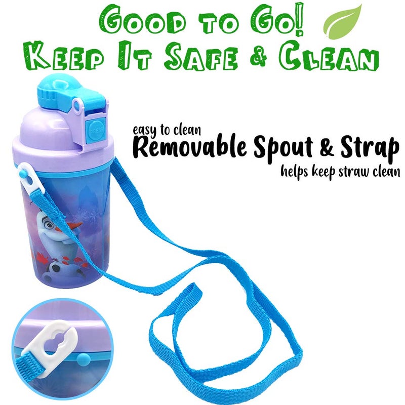 Zak Designs زجاجات مياه ديزني فروزن ديلوكس مع حزام حمل لمسة واحدة مع قشة مدمجة قابلة لإعادة الاستخدام (حاوية ثلج 16.9 أونصة) - Image 4