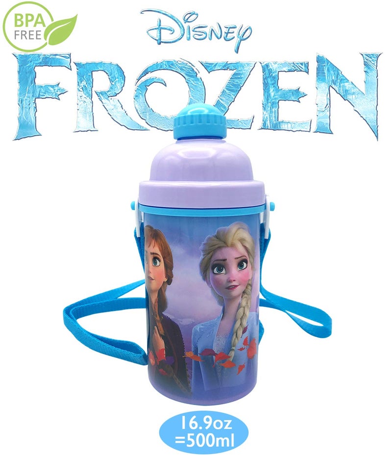 Zak Designs زجاجات مياه ديزني فروزن ديلوكس مع حزام حمل لمسة واحدة مع قشة مدمجة قابلة لإعادة الاستخدام (حاوية ثلج 16.9 أونصة) - Image 2