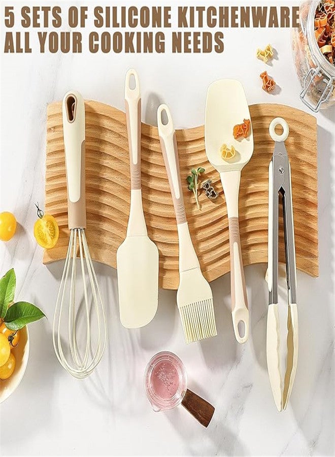 KASTWAVE طقم أدوات الطبخ المطبخ السيليكون 5 قطع، أدوات الطبخ غير اللاصقة آمنة غسالة الصحون، مجموعة ملعقة التحريك المقاومة للحرارة حتى 446°F مع خفاقة، ملعقة، ملاقط، ملعقة وفرشاة دهن المعجنات - Image 3