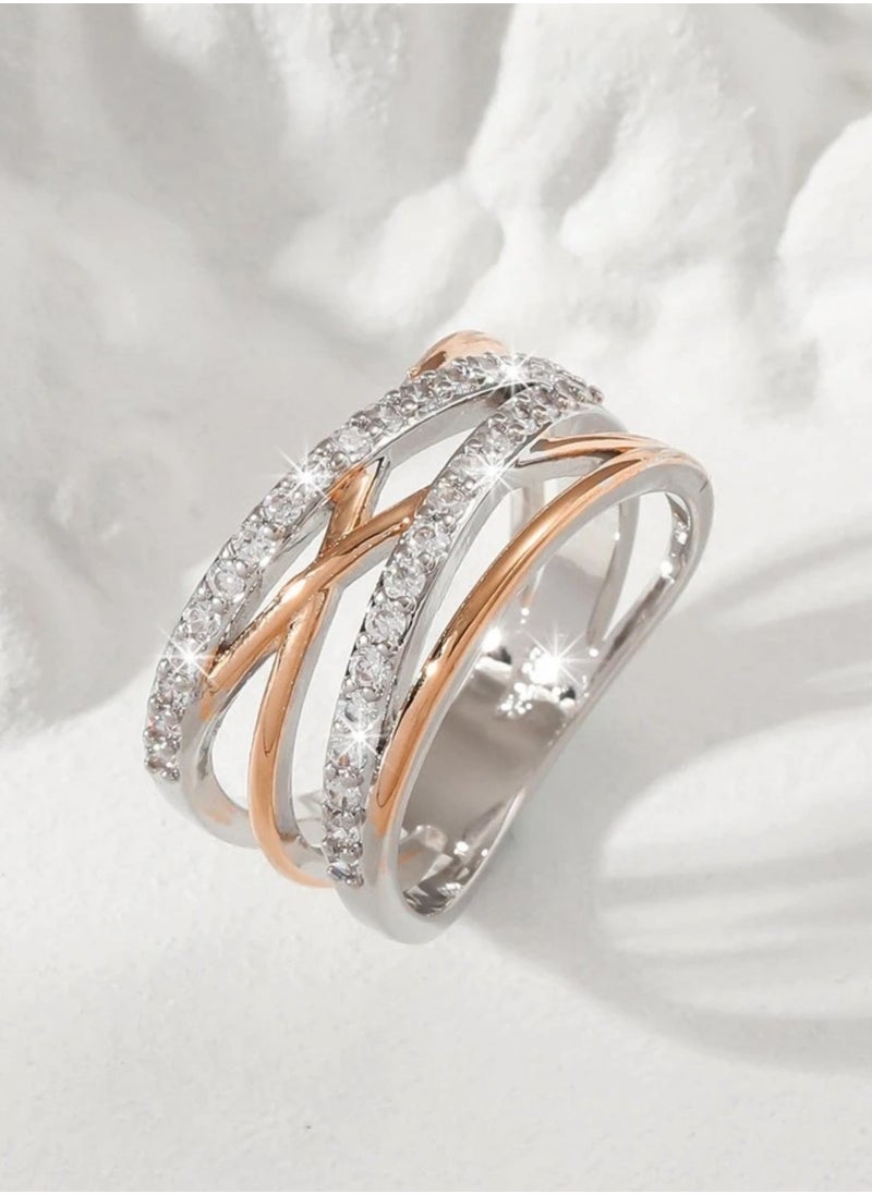 sixtyfour Elegant Silver & Rose Gold Cubic Zirconia Ring For Women Size 6  - Image 1