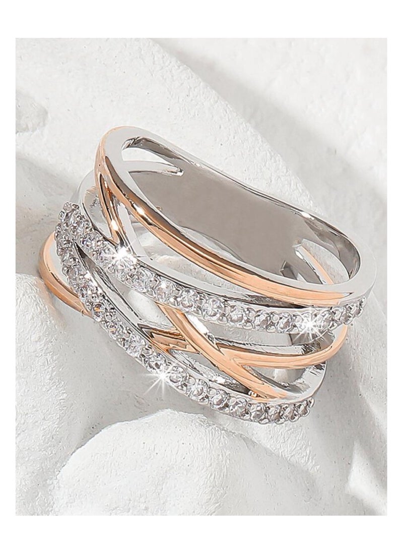 sixtyfour Elegant Silver & Rose Gold Cubic Zirconia Ring For Women Size 6  - Image 2
