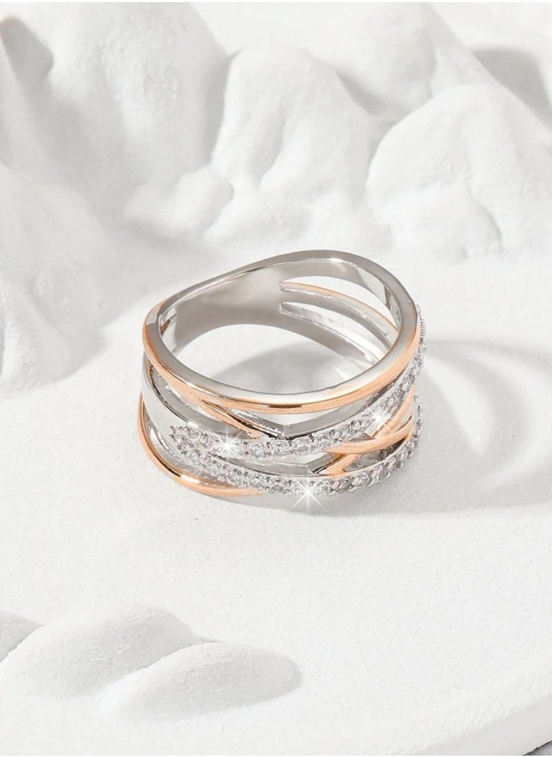sixtyfour Elegant Silver & Rose Gold Cubic Zirconia Ring For Women Size 6  - Image 3