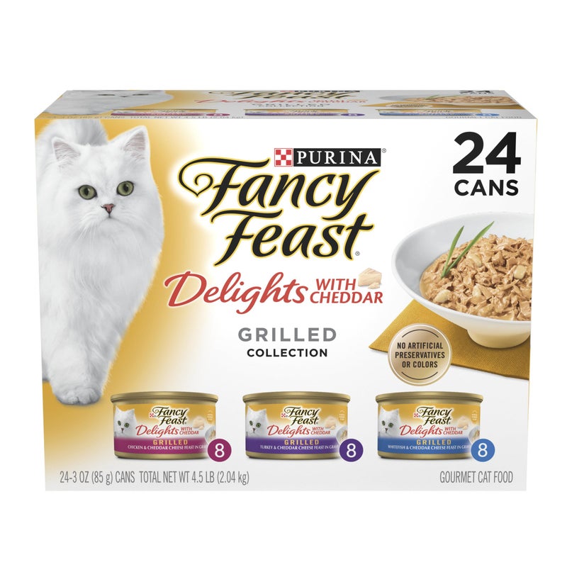 Fancy Feast Purina Fancy Feast Delights with Cheddar Grilled Chicken, Turkey or Whitefish and Cheddar Cheese Feast in Gravy Wet Cat Food Variety Pack - (Pack of 24) 3 oz. Cans - Image 1