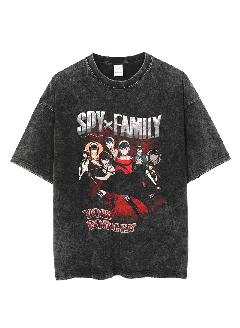 تي شيرت ريترو مغسول للشارع الهيب هوب أنيمي SPY×FAMILY قطن صيفي كاجوال بأكمام قصيرة - Image 1